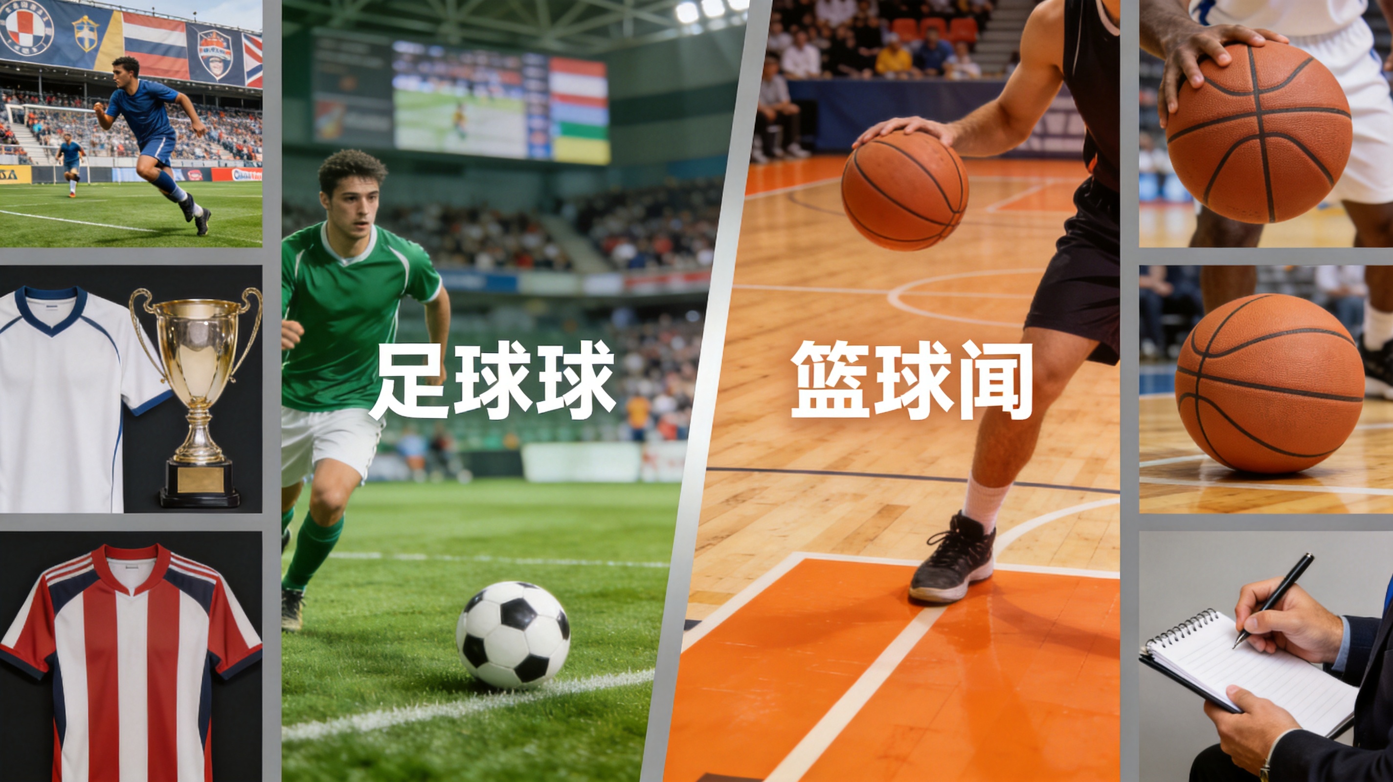 足球赛事与篮球新闻两条内容主干的栏目示意配图，用于说明 k1 体育的内容方向划分